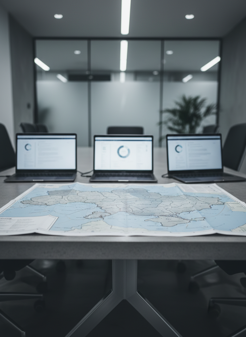 A close-up, photographic realistic scene of a modern, minimalist conference table in muted gray tones, set with open laptops displaying abstract charts and maps of Ukraine, but with screens blurred enough to avoid readable text. Between the devices lies a central, detailed printed map of Ukraine on matte paper, annotated with precise, color-neutral boundary lines and shaded regions indicating differing control without sensationalism. Cool, balanced overhead lighting reflects softly off the brushed metal table legs, creating a calm, professional atmosphere. Shot at eye level with a shallow depth of field, the focus rests on the map’s central region while the background fades into a soft bokeh of indistinct office walls and glass partitions, evoking structured, methodical mediation work.
