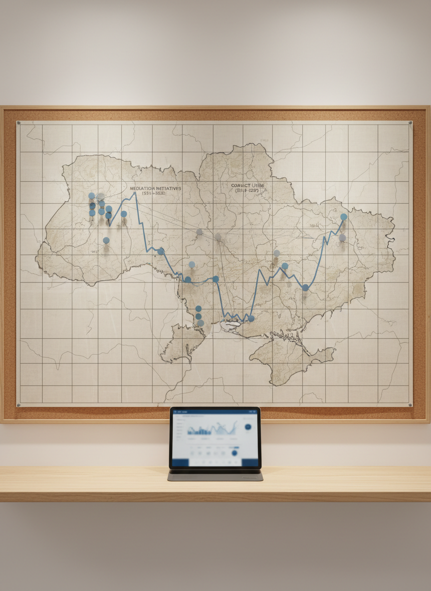An overhead, photographic realistic view of a large, neutral-toned wall map of Ukraine pinned to a corkboard, covered by a transparent acrylic grid overlay. Small, simple markers in muted blues and grays indicate mediation initiatives and contact lines between 2014 and 2022, arranged without dramatic symbols. To one side, a sleek digital tablet lies on a light wooden shelf beneath the board, showing a softly blurred interface of graphs and timelines. Soft, indirect ceiling lighting creates gentle, uniform illumination with minimal shadows, reinforcing a calm, analytical mood. The composition is clean and balanced, conveying a sense of systematic study of conflict dynamics and mediation processes while avoiding any sensational or promotional feel.
