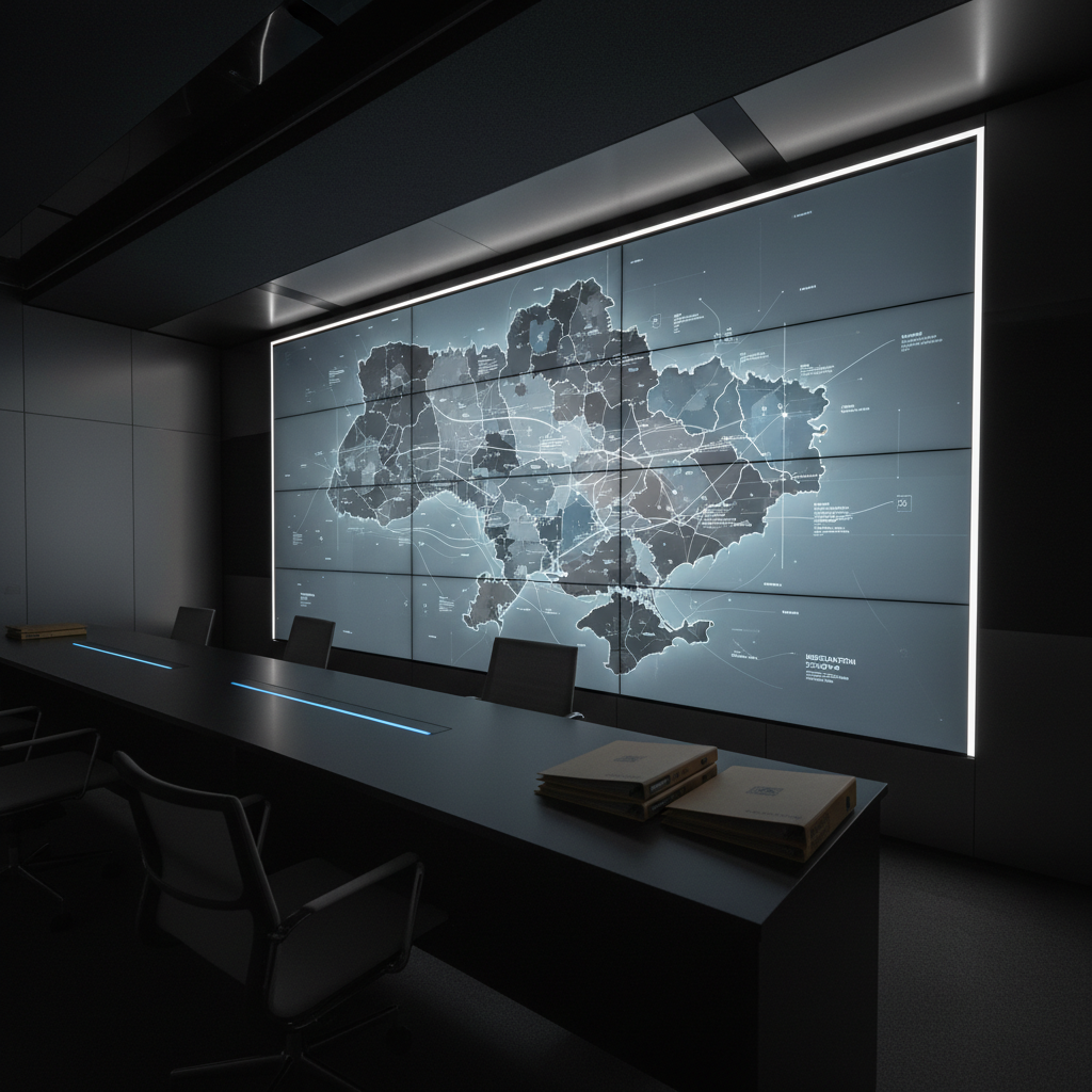 A dimly lit, photographic realistic situation room-style interior with a large digital display wall showing an abstracted, desaturated map of Ukraine divided into regions, overlaid with faint, translucent data layers representing mediation efforts across years. The map’s details are sharp, but any text or numbers are intentionally unreadable. Below, a minimalist console desk holds neatly stacked briefing folders and a single glowing indicator strip that casts a soft, cool reflection across a matte black surface. Subtle edge lighting around the map creates a focused, contemplative atmosphere. Shot from a low, slightly oblique angle, the composition emphasizes the scale of the analytical tools and evokes high-level, evidence-based assessment of Ukraine’s conflict and mediation landscape.