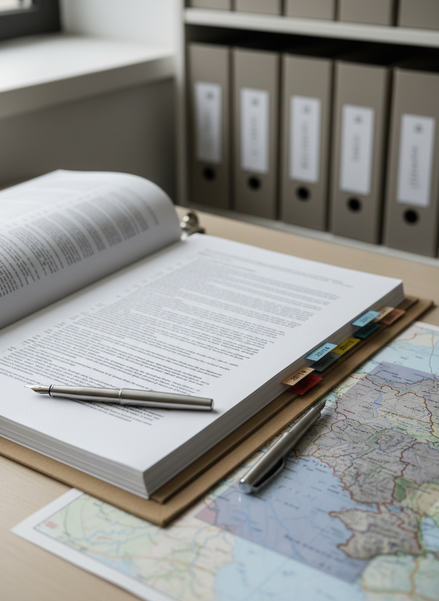 A meticulously organized research desk featuring a large, open archival binder with printed documents about Ukraine mediation, their text intentionally out of focus, beside a detailed grayscale map of eastern Ukraine highlighted with translucent overlay sheets. A slim, stainless-steel pen rests along a margin, and several labeled tabs stick out, suggesting years from 2014 to 2022 without legible wording. Diffused overcast light from an unseen window creates soft, even illumination, emphasizing textures of paper and matte cardboard. Photographic realism with a slightly elevated, three-quarter angle captures the entire workspace, while the background shows a faintly blurred row of neutral-toned storage boxes, contributing to a disciplined, research-lab atmosphere and serious, credible tone.